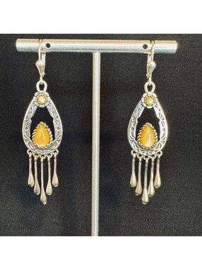 Sterling Silver 925 Yellow Mother of Pearl Tassel Dangle Earrings Size 1.5"